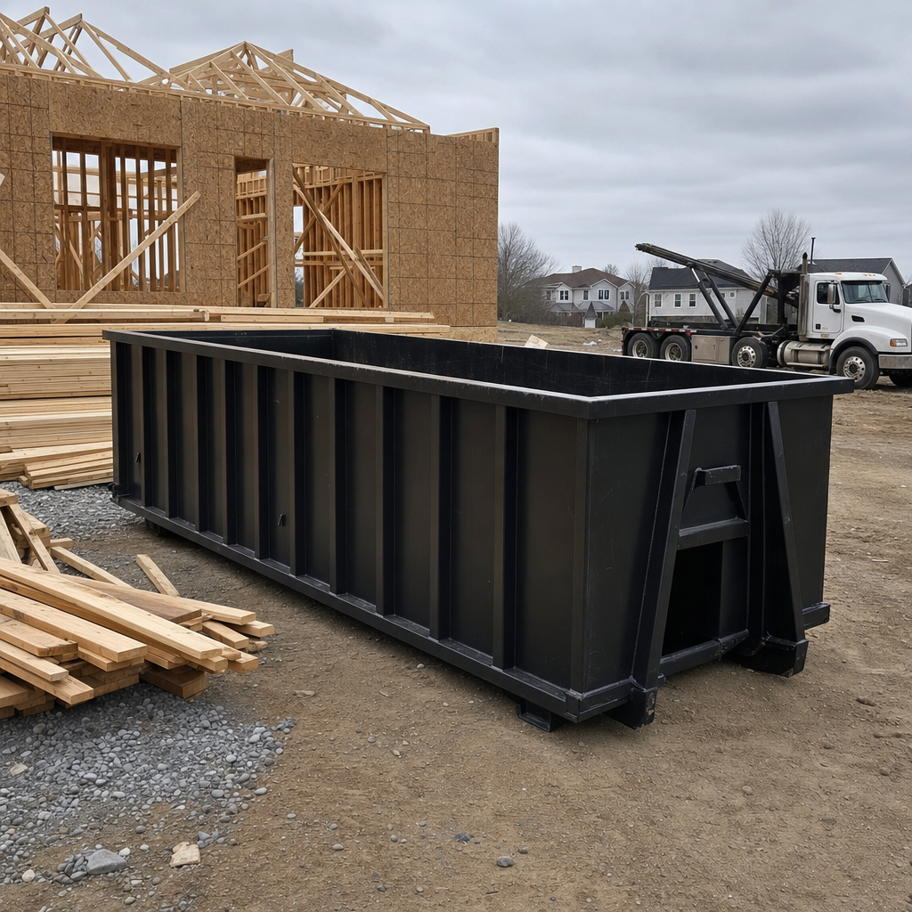 Matte-black 40-yard roll-off dumpster staged on a framed-out residential construction site in Antioch, framing lumber stacked nearby, hooklift delivery truck visible in the background under bright Colorado daylight