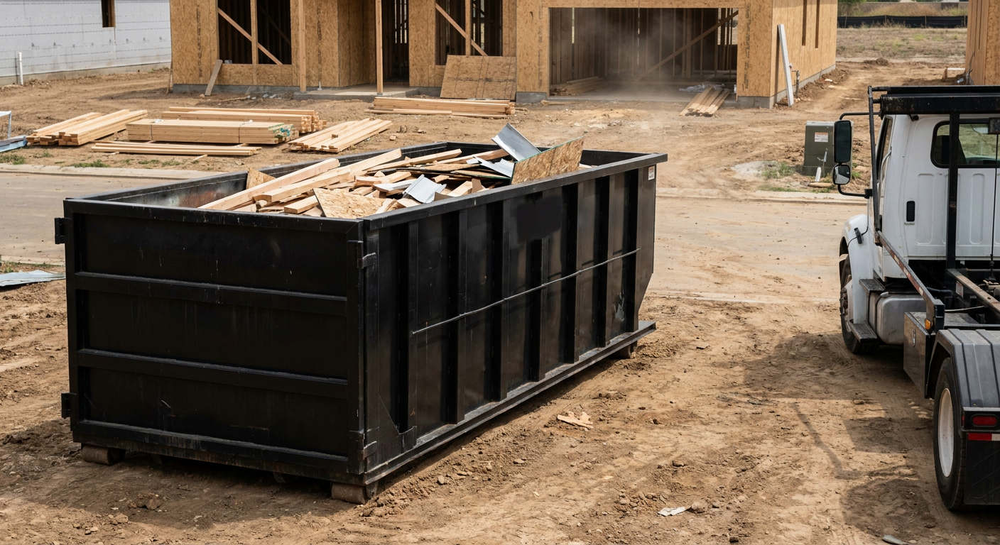 Matte-black 20-yard roll-off construction dumpster with heavy ribbed steel sidewalls and swing rear doors at a working jobsite in Antioch, sitting directly on compacted dirt with an unmarked white hauler partially visible at the far edge of the frame.