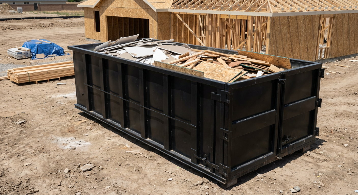 Matte-black 30-yard roll-off construction dumpster sitting directly on the compacted-dirt site of a framed single-family home build in Antioch, drywall and lumber scrap loaded inside.