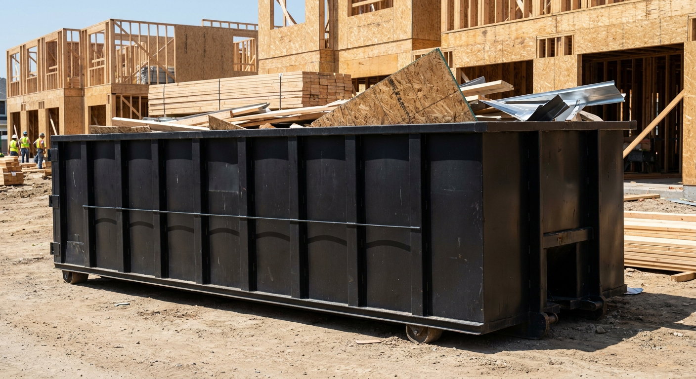 Matte-black 40-yard roll-off construction dumpster being lowered from a white-cab hooklift delivery truck onto the compacted-dirt jobsite at a commercial build site in Antioch