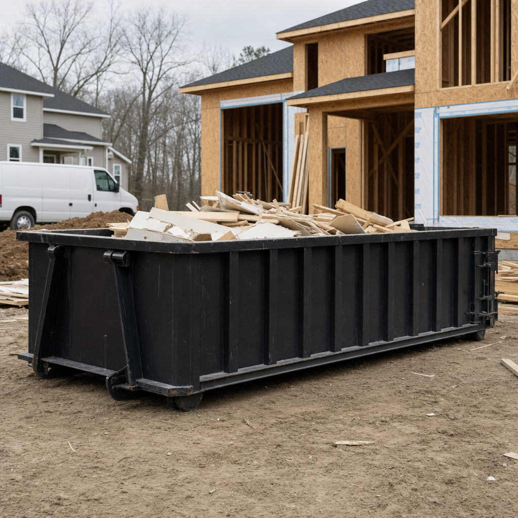 Worker in a yellow high-visibility vest tossing framing lumber and broken drywall into a matte-black 30-yard construction roll-off dumpster on an active build site in Antioch, bright daylight