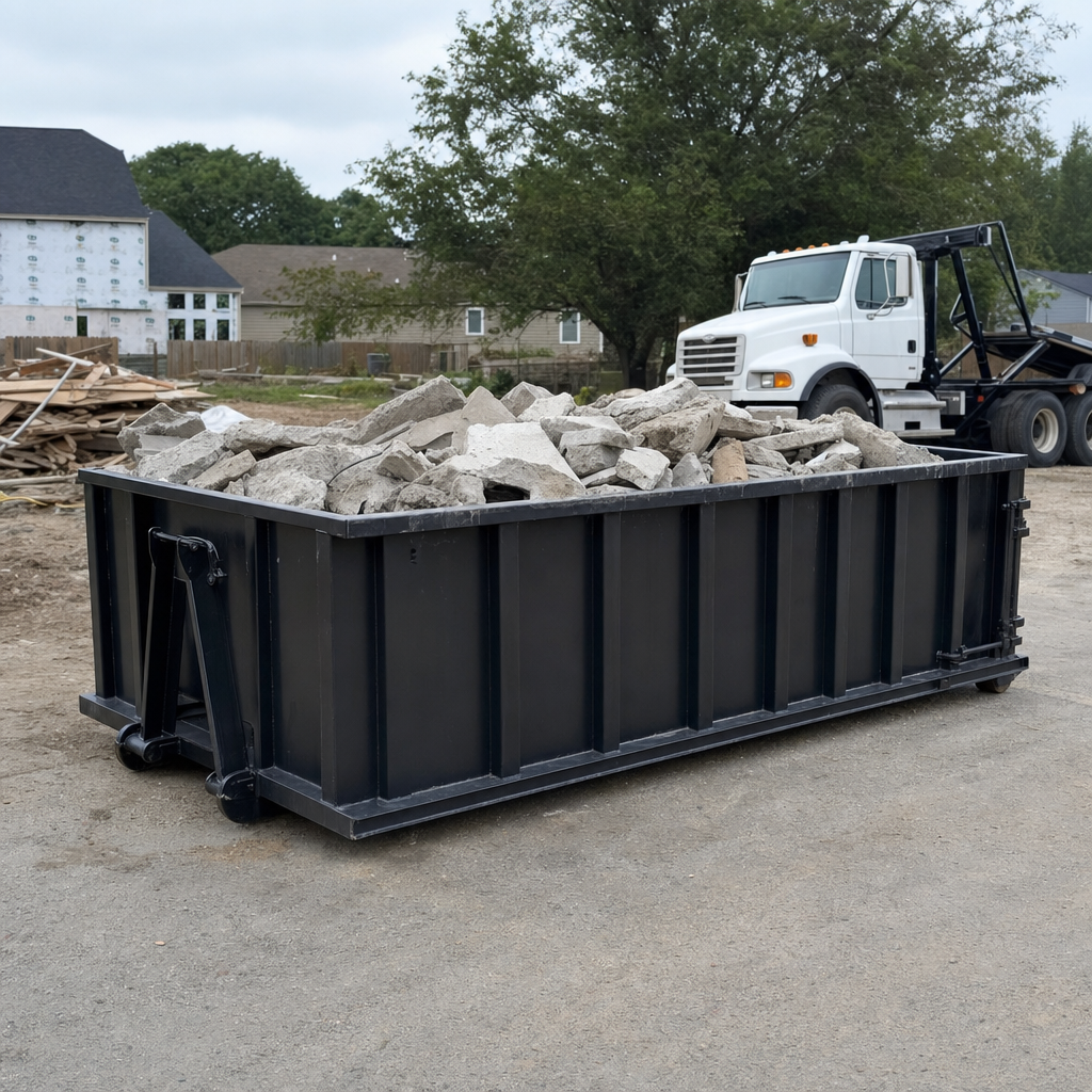 Low-profile matte-black lowboy roll-off dumpster loaded with broken concrete slab and rebar at a foundation tear-out in Antioch, skid steer parked beside it, sunny Colorado morning