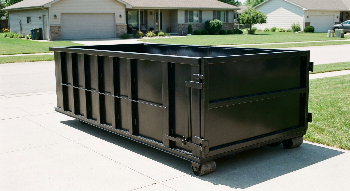 Matte-black 10-yard roll-off dumpster on a residential concrete driveway in Antioch, uniformly painted matte black across every panel and rail, ribbed steel sidewalls and rear swing door visible, mid-day daylight.