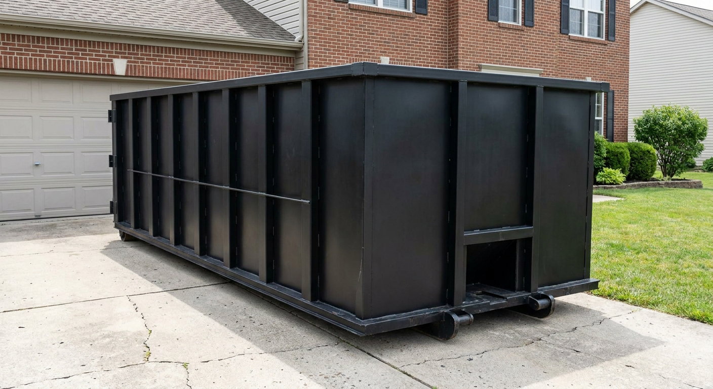Matte-black 20-yard roll-off container on a Antioch residential concrete driveway with reinforced ribbed steel sidewalls and a hinged rear walk-in door, clean bright daylight.