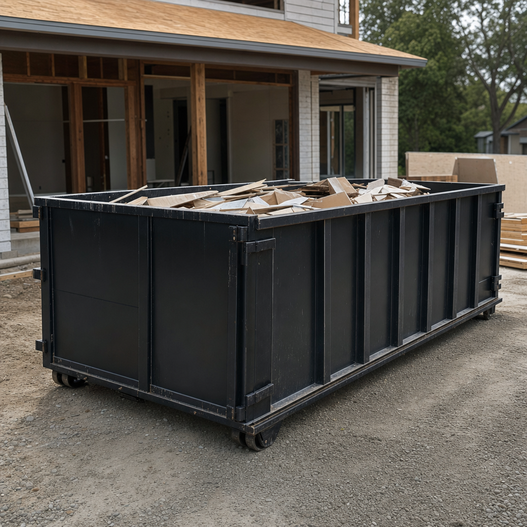 Large matte-black 30-yard construction roll-off dumpster at an active Antioch jobsite, steel-gray top rails and bottom rollers visible, loaded with construction debris.