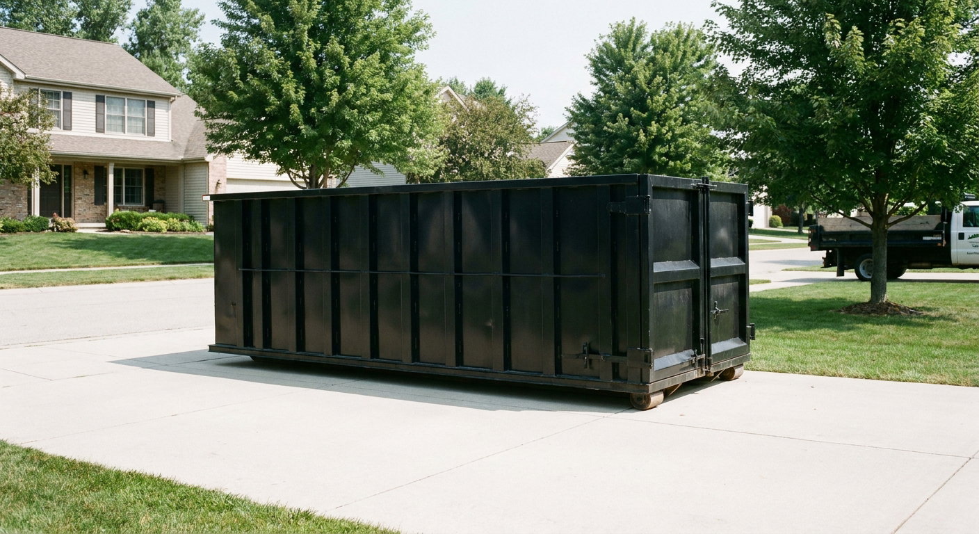 Matte-black 20-yard roll-off dumpster sitting level on a clean Antioch residential concrete driveway under bright daylight, demonstrating clean placement directly on the concrete.