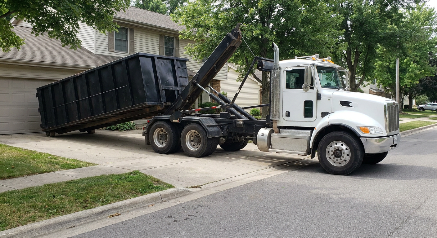 White-cab hooklift roll-off truck actively lowering a matte-black dumpster onto a Antioch residential concrete driveway, the dumpster's rear wheels touching the driveway as the hoist arm tilts the bed forward, mid-morning daylight.