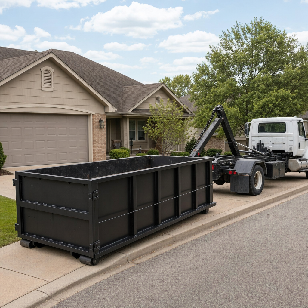 Wide documentary shot of a matte-black roll-off dumpster on a Antioch residential driveway in the foreground and a contractor jobsite container in the soft-focus background, bright daylight, calm and orderly composition.
