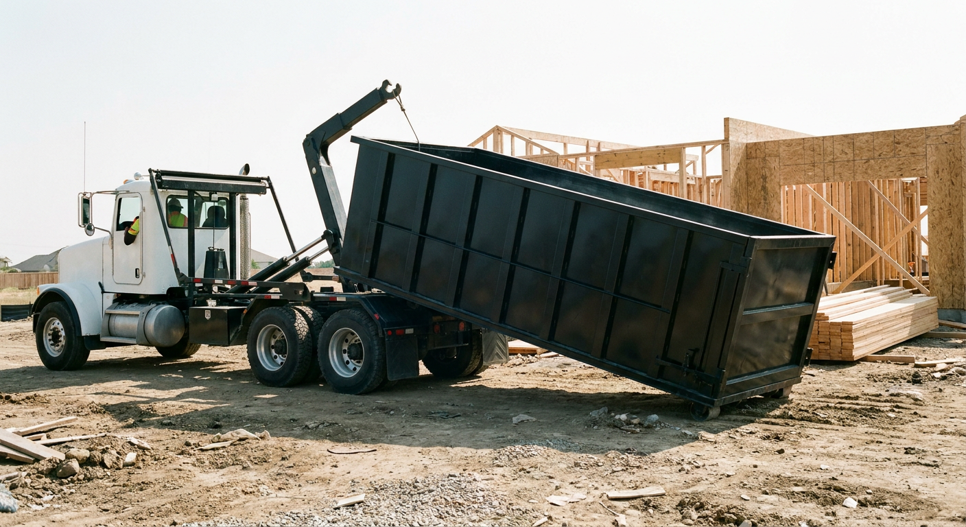 Matte-black roll-off dumpster being delivered onto a clean residential concrete driveway in Antioch by an unmarked white hooklift hauler truck, bright morning daylight, documentary 35mm perspective.