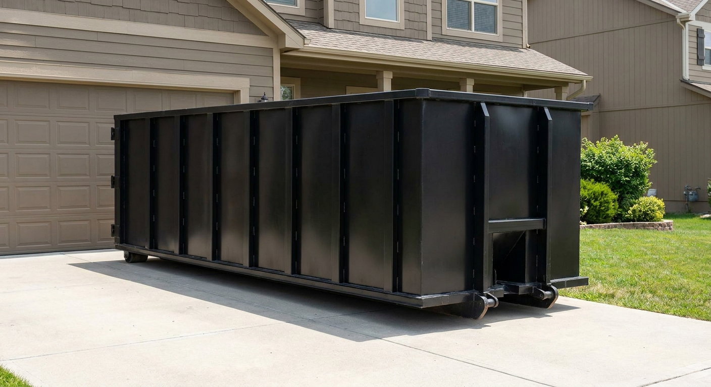 Matte-black residential roll-off dumpster sitting directly on a suburban Antioch concrete driveway, garage door closed, single-family home in background, bright morning daylight.