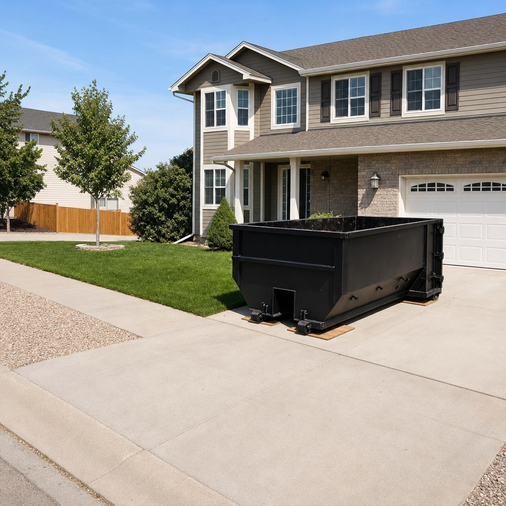 10-yard matte-black residential dumpster placed directly on a narrow Antioch concrete driveway, room remains for a parked sedan beside it, mid-morning natural light