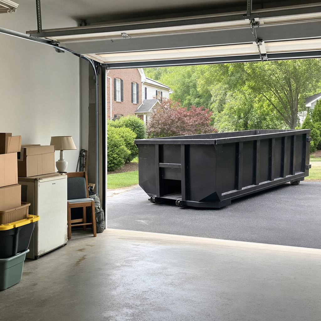 Open garage interior in a Antioch home mid-cleanout — boxed items, an old appliance, and stacked yard tools queued near the driveway for a matte-black roll-off dumpster, organized and calm
