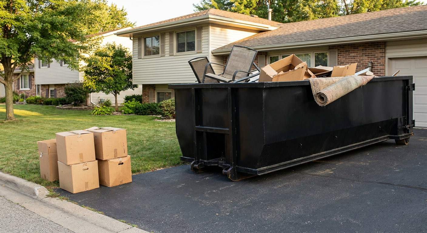 Front-yard view of a Antioch split-level home with a 20-yard matte-black roll-off dumpster sitting directly on the asphalt driveway, a few clearly labeled donation boxes staged at the curb, calm sunny afternoon.