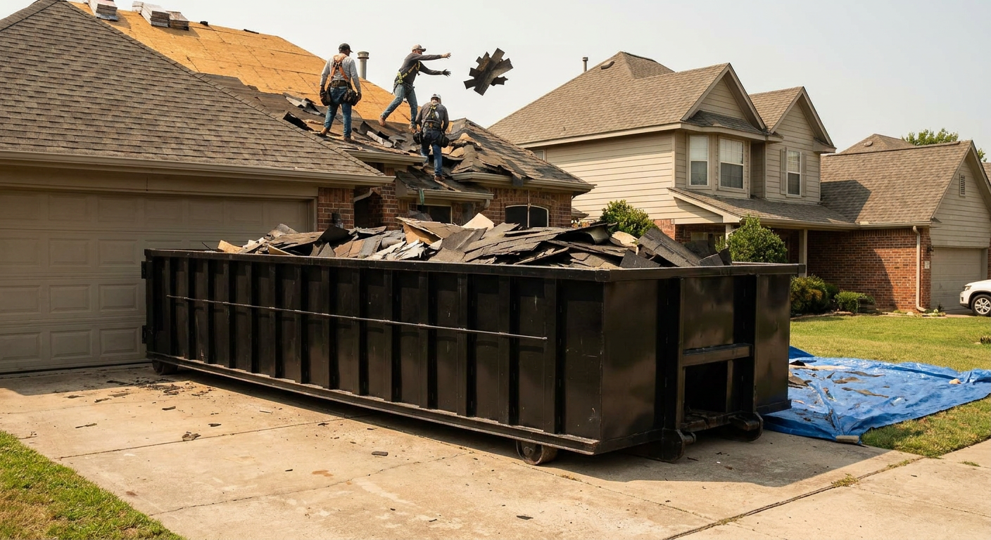 Matte-black roofing roll-off dumpster placed directly on a Antioch residential concrete driveway, a tear-off crew on a two-story asphalt-shingle roof tossing shingle bundles into the low-walled container, bright daylight, documentary 35mm perspective.