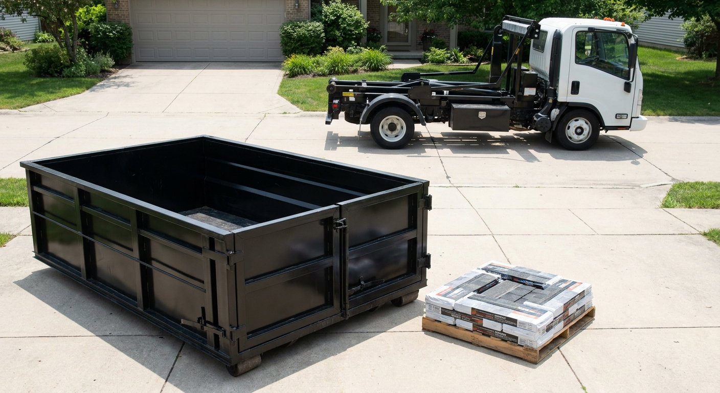 Matte-black 15-yard roofing roll-off dumpster with reinforced low side walls sitting directly on a Antioch residential concrete driveway, three-tab asphalt shingle bundles stacked nearby, an unmarked white hauler truck partially visible at the edge of the frame.