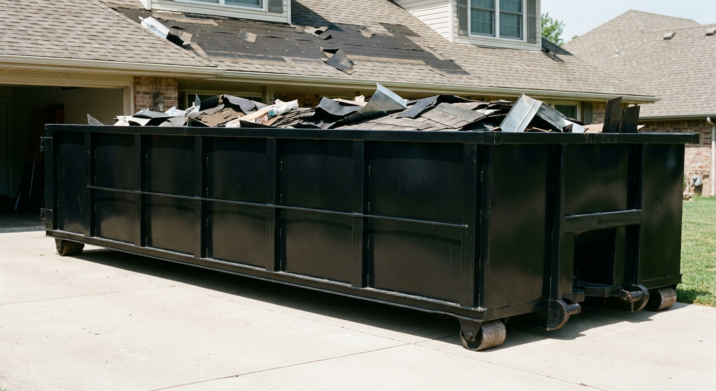 Matte-black 20-yard roofing roll-off dumpster with steel ribbed sides and swinging rear door, sitting directly on the concrete driveway of a two-story Antioch home, asphalt shingle debris being loaded over the low wall, clean documentary lighting.