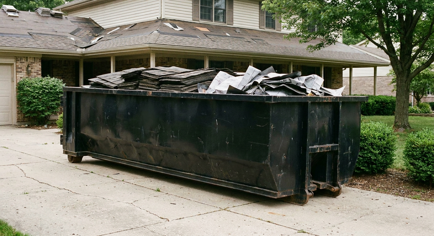 Matte-black 30-yard roofing roll-off dumpster sitting directly on a Antioch concrete driveway, taller ribbed steel side panels, mixed tear-off debris of asphalt shingles and underlayment inside, professional documentary daylight.