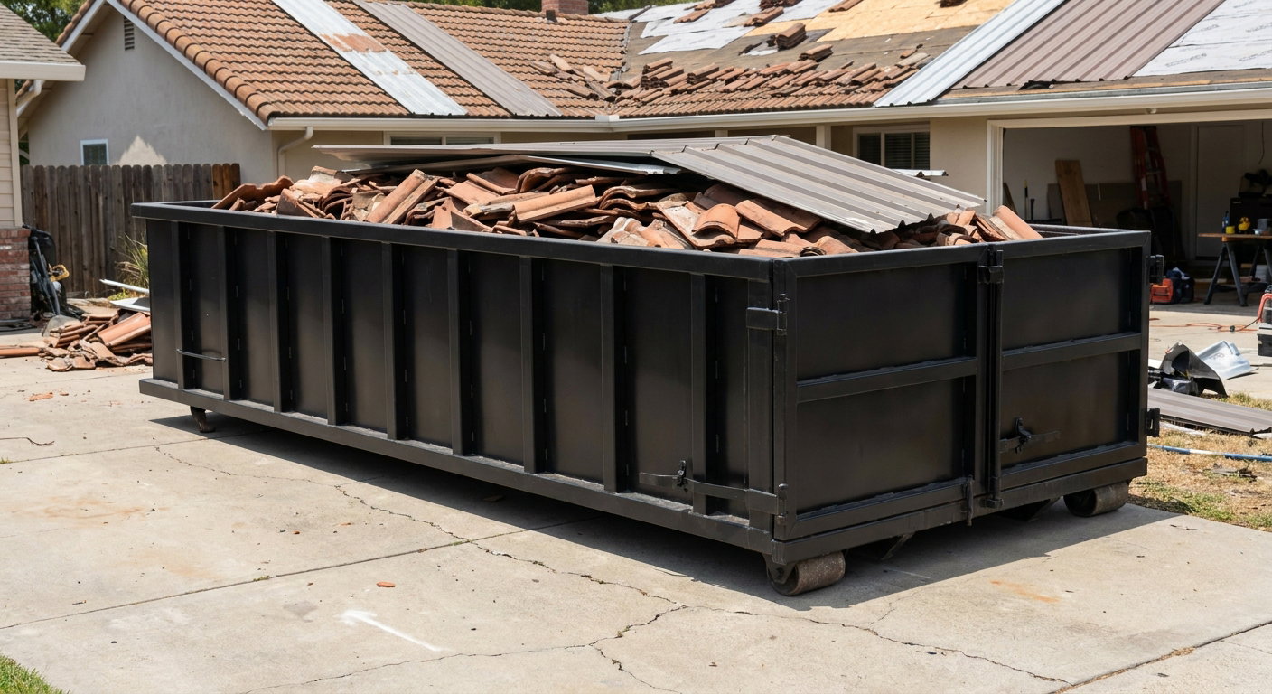 Matte-black low-wall heavy-debris roofing roll-off dumpster sitting directly on a Antioch concrete driveway, broken concrete clay roof tiles and metal panel sections loaded inside, reinforced ribbed steel side walls visible, bright outdoor daylight.