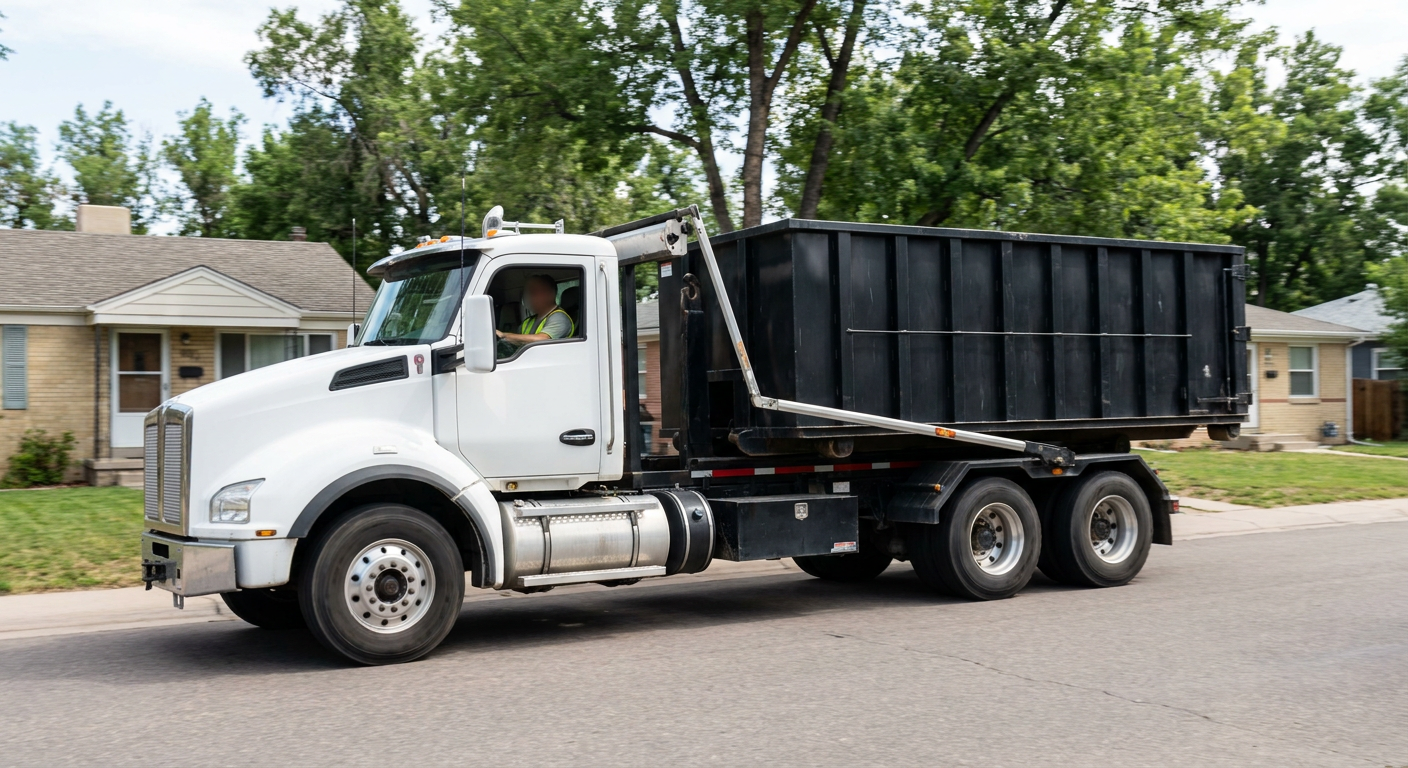 A wide documentary shot of a matte-black roll-off delivery truck pulling onto a quiet Antioch residential street at mid-morning, with neighborhood rooftops and tree-lined blocks visible behind, showing the metro coverage footprint.