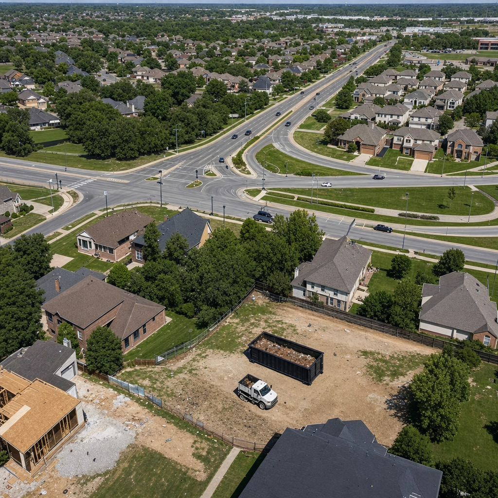 An overhead documentary view of the Antioch metro area at midday, showing the spread of neighborhoods, arterial roads, and the dispatch radius from a central yard — clean daylight, organized geographic layout.