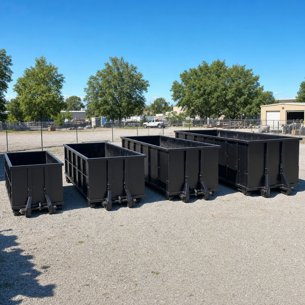 A clean lineup of matte-black roll-off dumpsters in 10, 20, 30, and 40-yard sizes staged on a sunlit gravel yard in Antioch, showing the size progression from compact to commercial-scale containers.