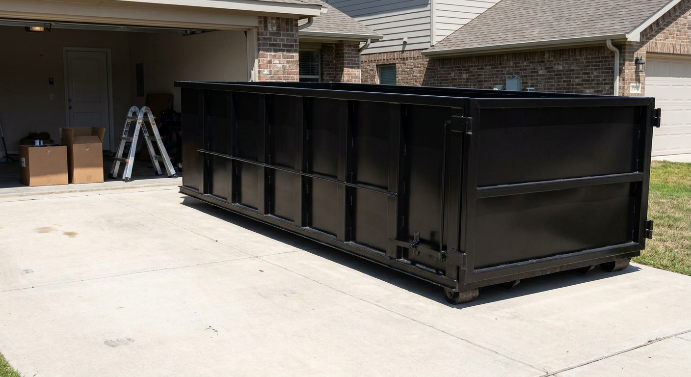 A matte-black 10-yard roll-off dumpster sitting directly on a residential Antioch concrete driveway, mid-day sunlight, clean and ready for a garage cleanout.