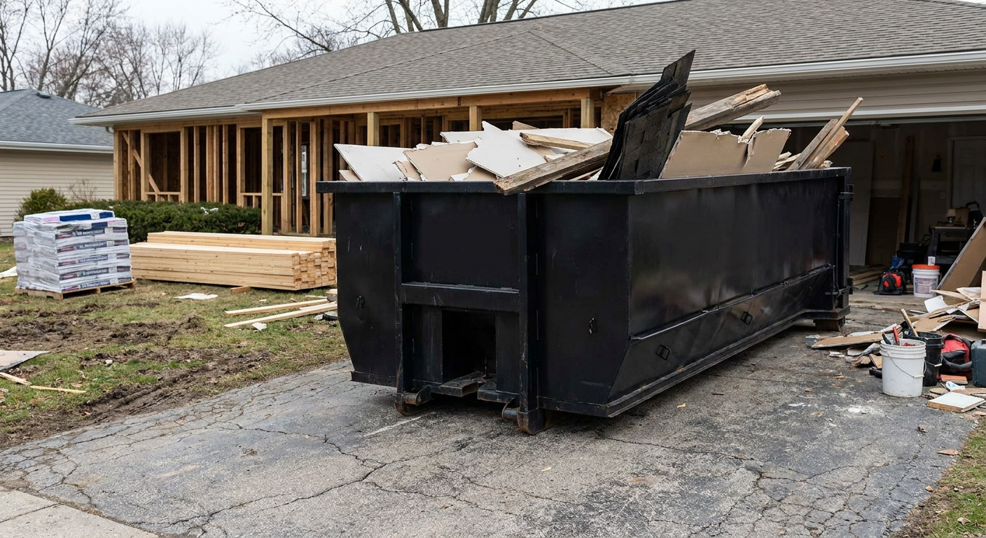 A matte-black 20-yard roll-off dumpster placed alongside a mid-renovation Antioch home directly on the asphalt driveway, with framing materials and torn-off shingles staged neatly nearby.