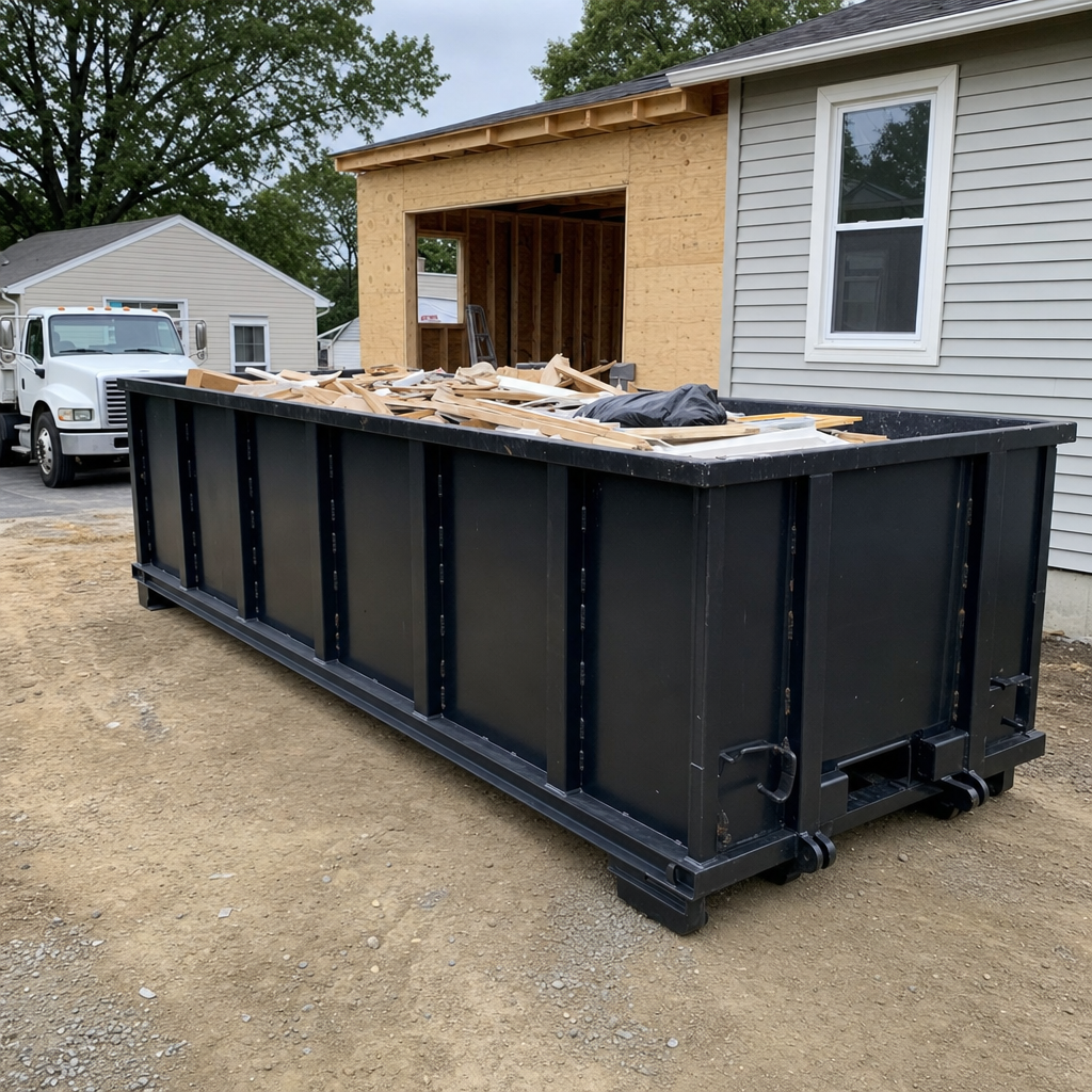 A matte-black 30-yard roll-off dumpster positioned at a Antioch residential addition jobsite, with framing lumber and drywall scraps loaded through the open swinging rear doors.