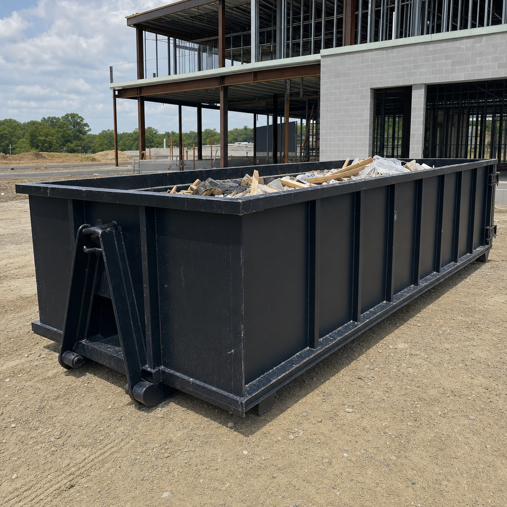 A matte-black 40-yard roll-off dumpster staged on a large Antioch commercial construction lot, with a hooklift delivery truck parked alongside under bright midday sky.