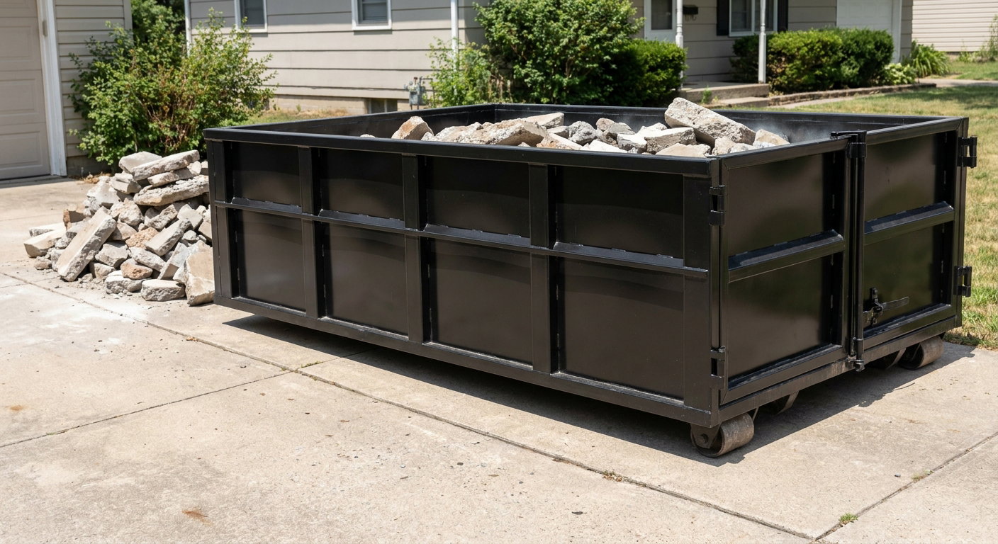 A matte-black low-side heavy-debris roll-off dumpster placed directly on a Antioch concrete driveway, with broken concrete chunks neatly stacked beside it under clean daylight.